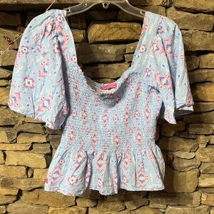 Simply Southern Blue Floral Smocked Blouse